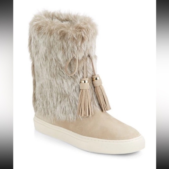 Tory Burch Shoes - TORY BURCH DARK KNOT
BEIGE ANGELICA BOOT
RABBIT FUR SPLIT SUEDE $450 6 winter